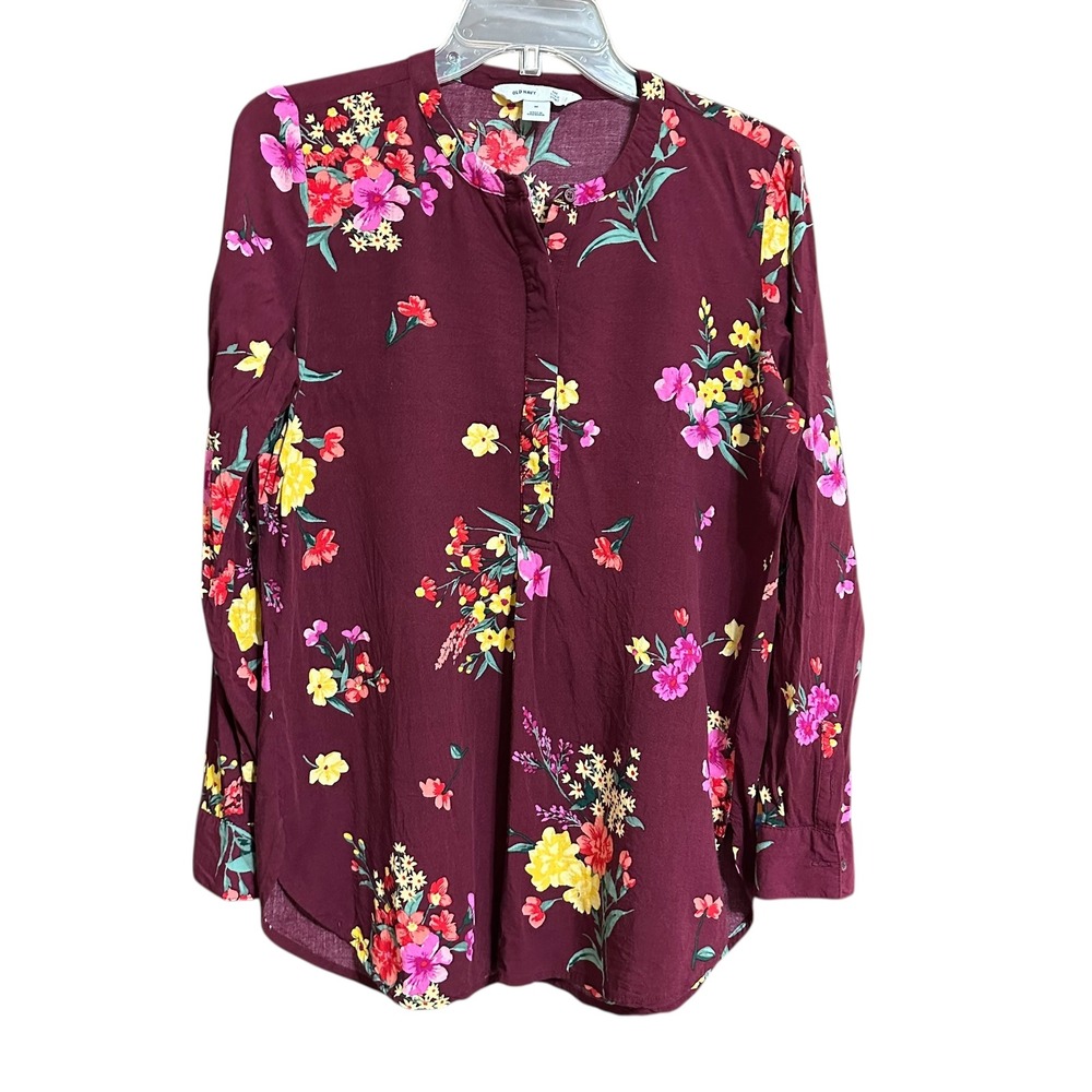 Old Navy Women Popover Shirt M Maroon Red Dark Floral Long Sleeve 1/4 Button Up